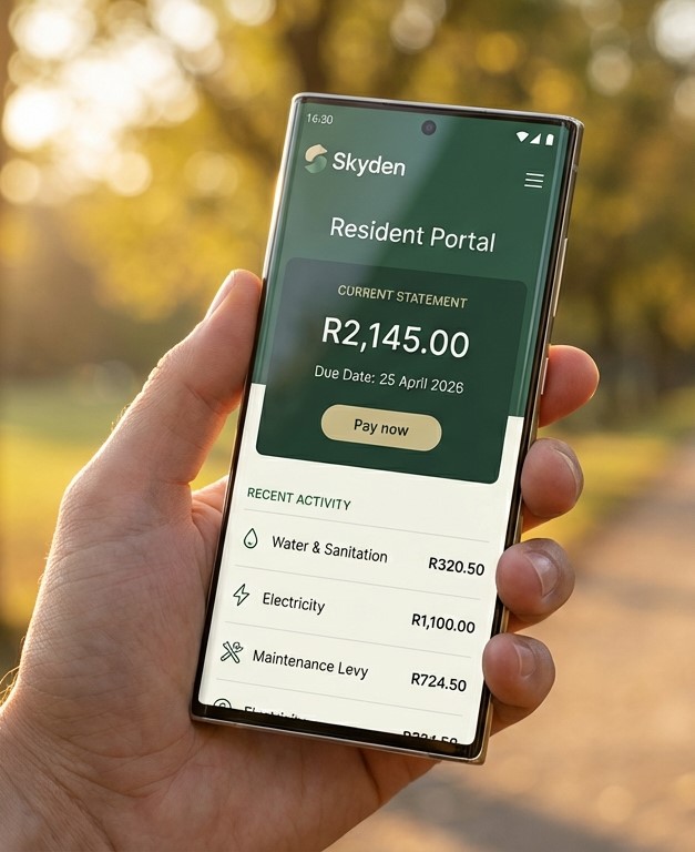 Resident using the Skyden portal on a smartphone in a park