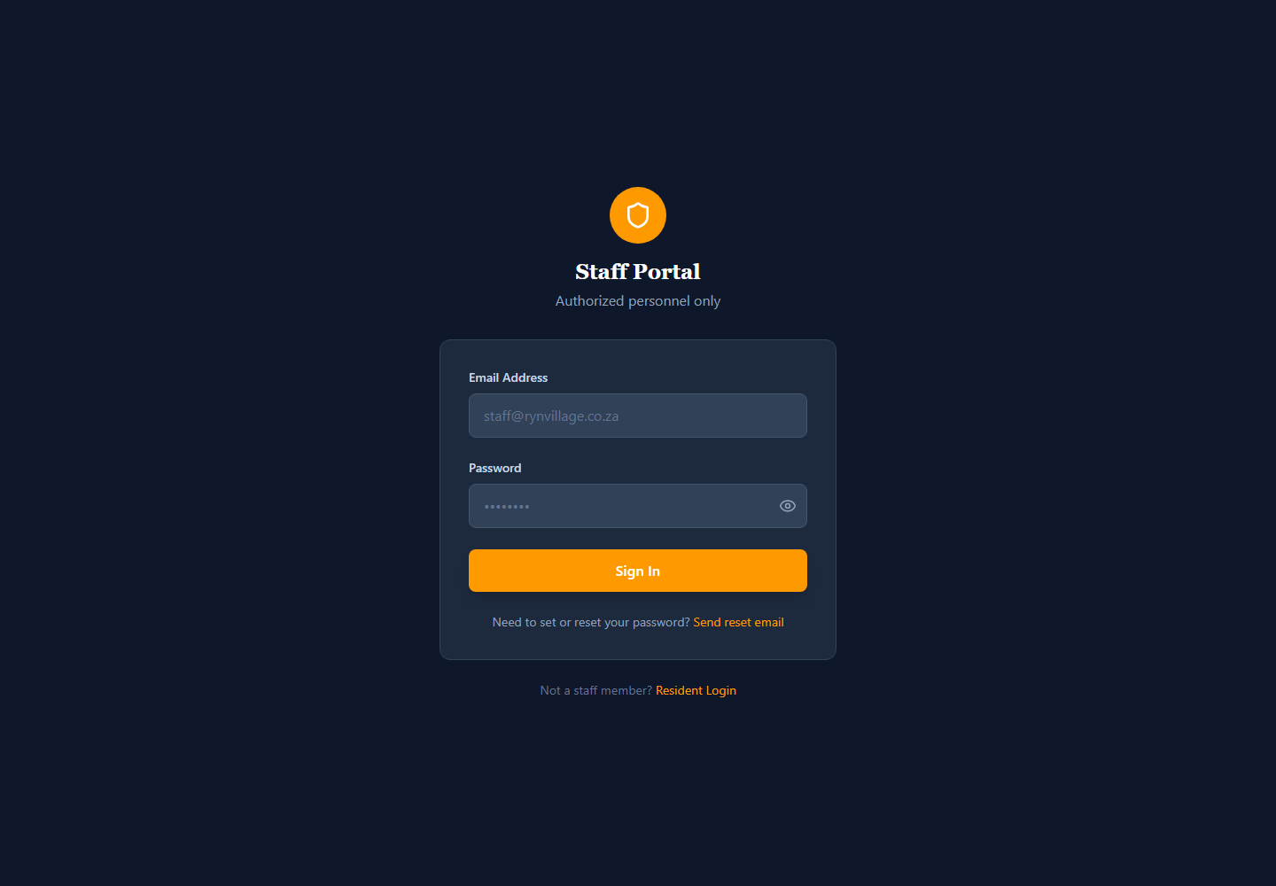 Ryn Village secure staff portal login screen