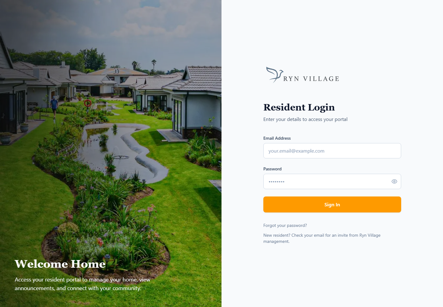 Ryn Village branded resident portal login screen